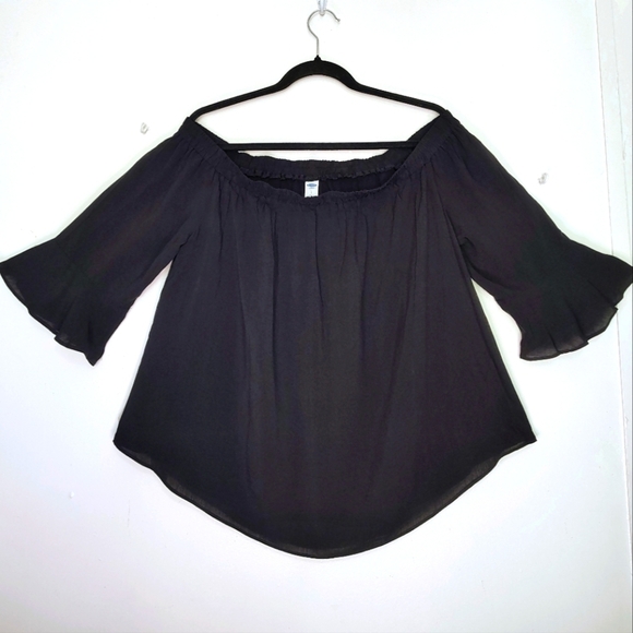 NWT Old Navy black rayon off-shoulder top,¾ flared sleeves,casual outfits, sz L. - Picture 1 of 14